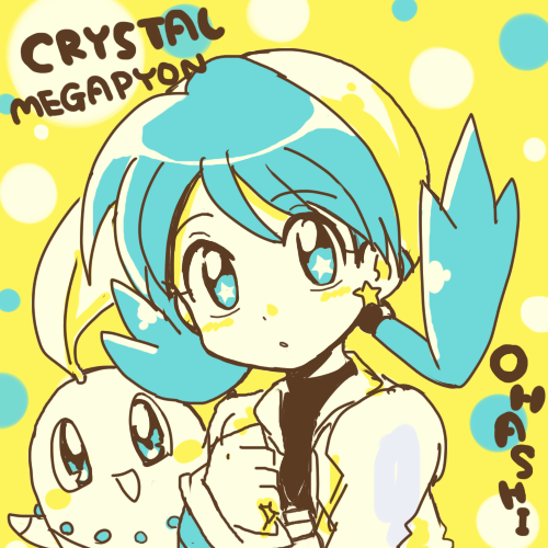 1girl, :d, :o, bangs, blue_eyes, blue_hair, blush, character_name, chikorita, cropped_jacket, crystal_(pokemon), earrings, eyebrows_visible_through_hair, hair_between_eyes, hat, jacket, jewelry, leaf, limited_palette, long_hair, long_sleeves, lowres, open_clothes, open_jacket, open_mouth, pokemon, pokemon_(creature), pokemon_special, polka_dot, polka_dot_background, romaji, shirt, smile, star, star-shaped_pupils, star_earrings, symbol-shaped_pupils, tareme, text, turtleneck, twintails, upper_body, yatsuhashi_otogi