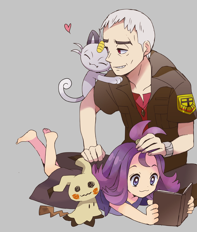 1boy, 1girl, acerola_(pokemon), alola_form, alolan_meowth, black_jacket, book, dress
