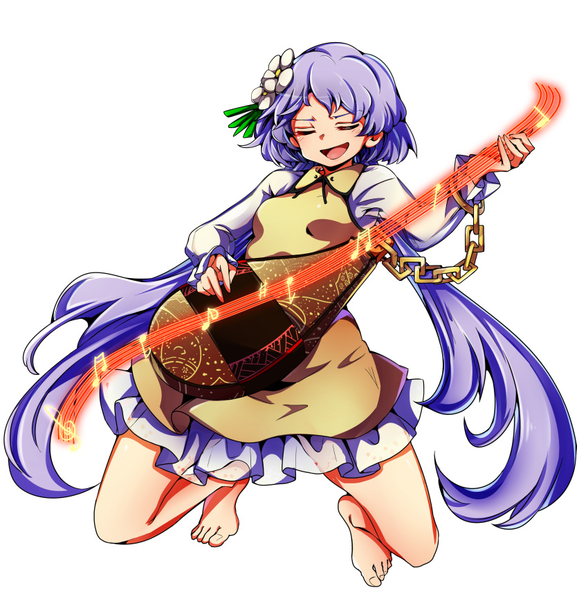 1girl, :d, absurdres, baba_(baba_seimaijo), bare_legs, barefoot, beamed_semiquavers, biwa_lute