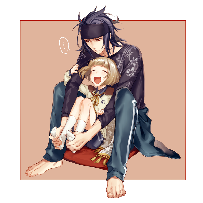 ..., 2boys, ^_^, bandanna, barefoot, brown_hair, cape, closed_eyes