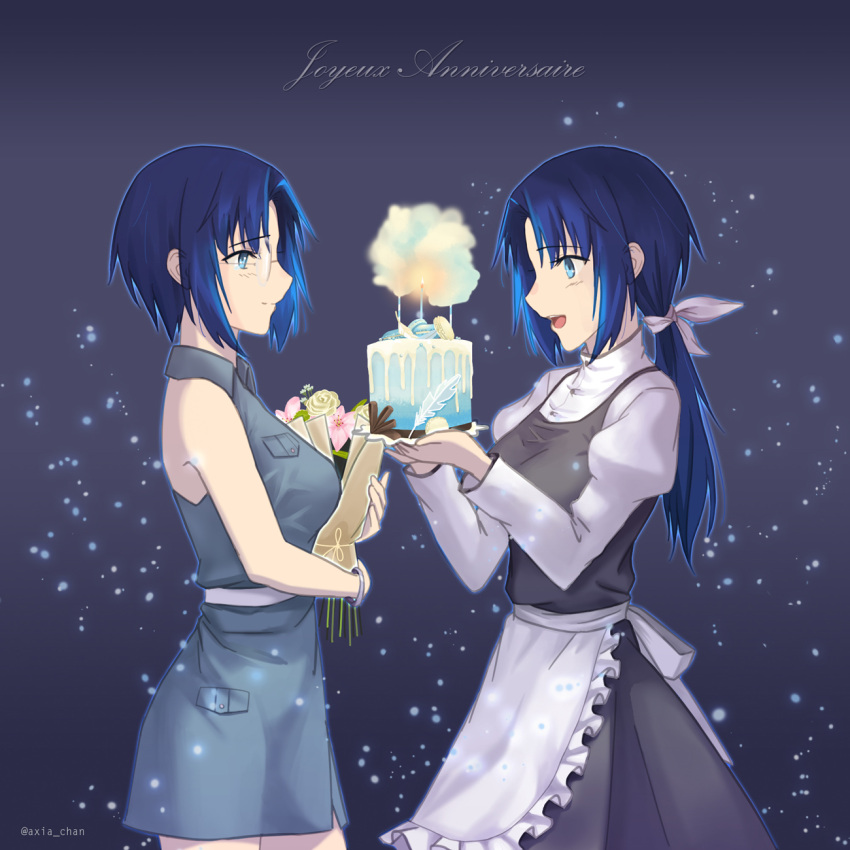 2girls, apron, armlet, artist_name, bangs, bare_shoulders, blue_background, blue_eyes