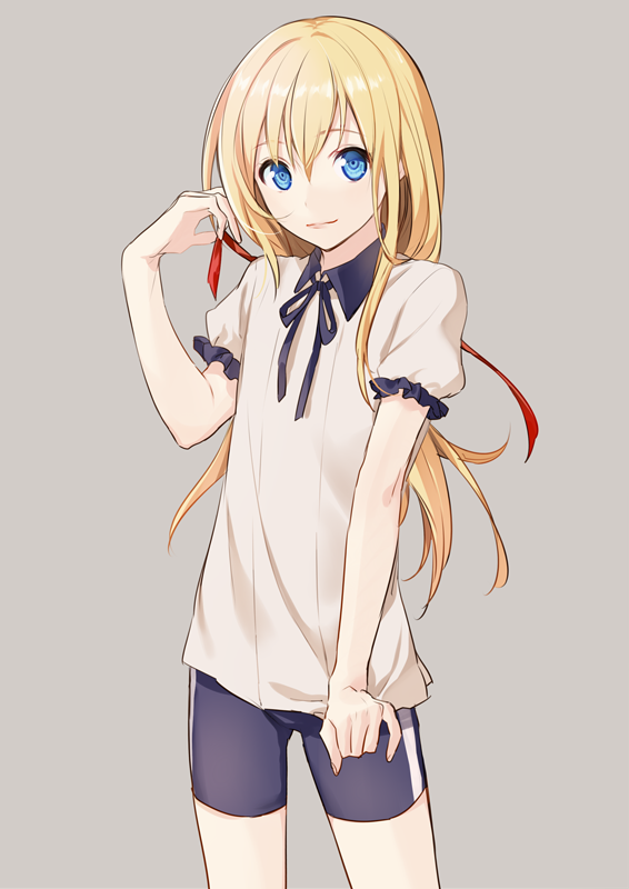 1boy, bangs, blonde_hair, blue_eyes, hair_between_eyes, long_hair, looking_at_viewer, male_focus, midare_toushirou, necktie, oisih, pale_skin, puffy_short_sleeves, puffy_sleeves, ribbon, short_sleeves, shorts, simple_background, touken_ranbu, trap