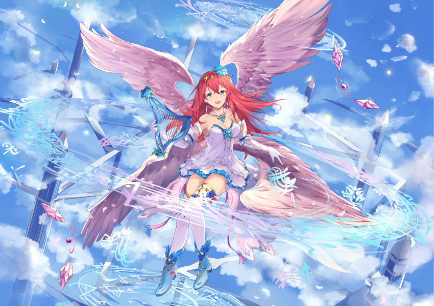 1girl, :d, angel, angel_wings, armband, armpit_peek, bangs, bare_shoulders, beige_wings, blue_boots, blue_eyes, blue_flower, blue_ribbon, boots, braid, breasts, cleavage, clouds, cloudy_sky, collarbone, crown_braid, day, dress, elbow_gloves, feathered_wings, floating_hair, flower, flying, full_body, fuuro_(johnsonwade), gem, gloves, glowing, hair_between_eyes, hair_flower, hair_ornament, harp, holding_instrument, instrument, jewelry, long_hair, looking_at_viewer, musical_note, open_mouth, original, outdoors, pendant, pink_ribbon, quaver, quaver_rest, redhead, ribbon, sky, smile, solo, spire, strapless, strapless_dress, thigh-highs, tower, white_dress, white_gloves, white_legwear, wings