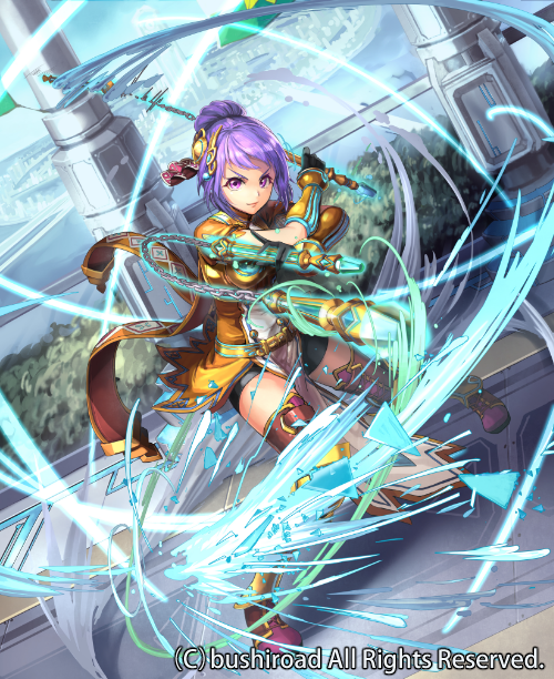 1girl, armor, armored_boots, boots, cardfight!!_vanguard, company_name, fingerless_gloves, full_body, gloves, hair_bun, hair_ornament, knight_of_autumn_light_regan, nunchaku, official_art, ori_simo, pink_eyes, solo, weapon