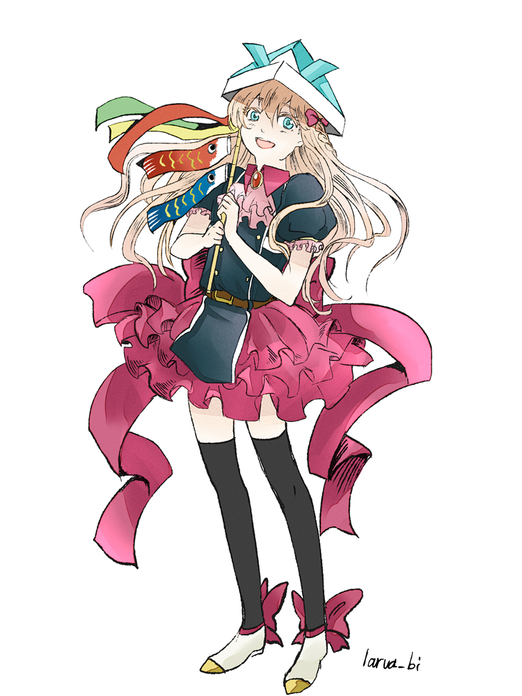 1boy, :d, asebi_ren, black_legwear, blonde_hair, blue_eyes, bow, braid