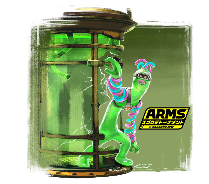 arms_(game), blue_hair, broken_glass, dna_man_(arms), glass, goggles, green_background, helix_(arms), highres, jar, logo, long_arms, multicolored_hair, official_art, open_mouth, purple_hair, simple_background, solo