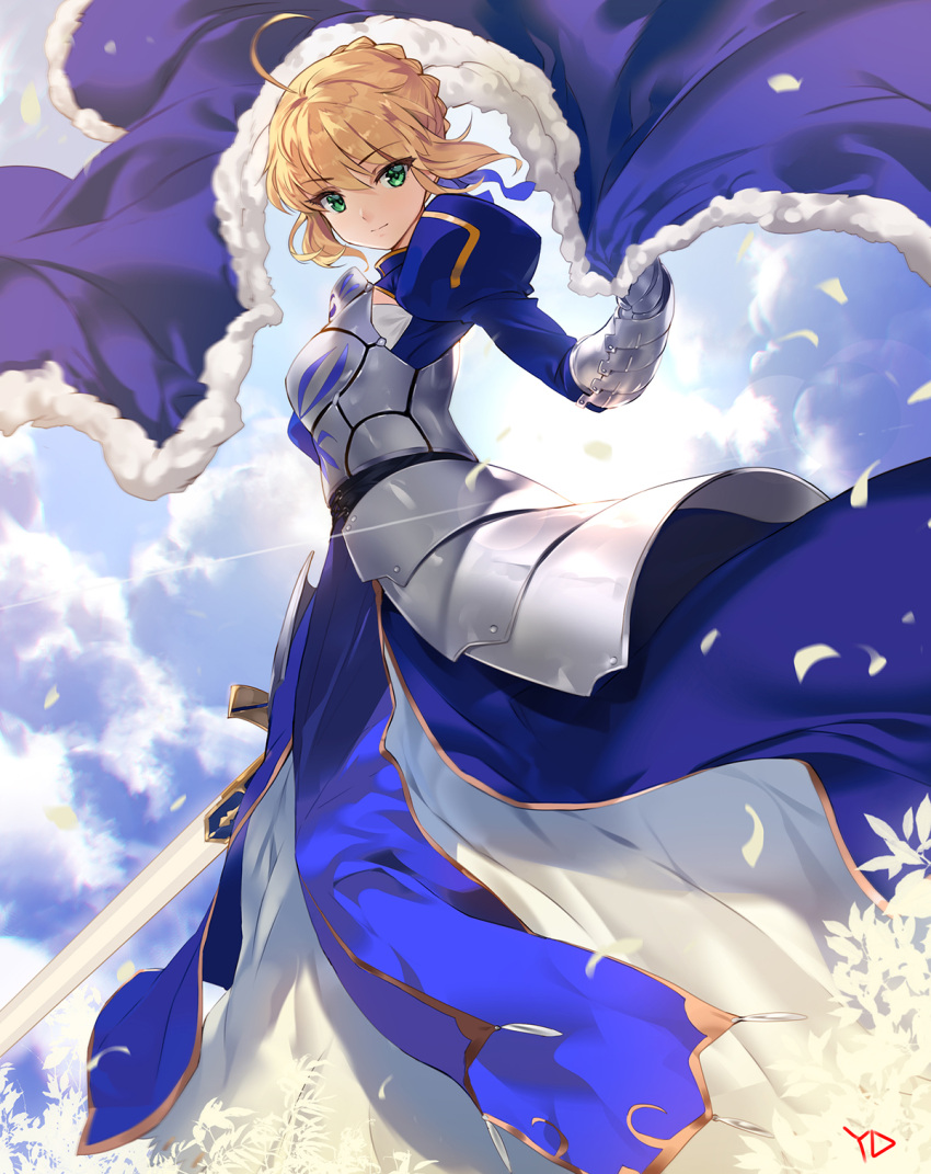 1girl, armor, blonde_hair, blue_cape, blue_dress, cape, cape_removed, clouds