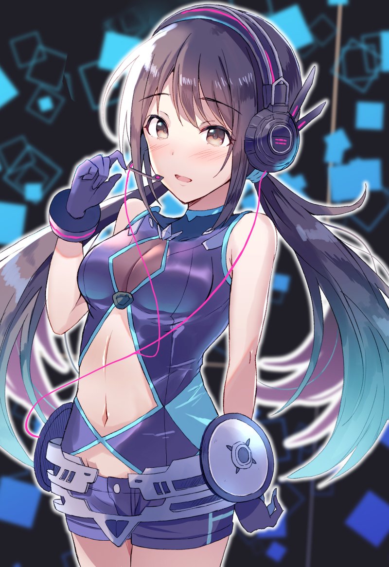 1girl, bare_shoulders, black_hair, blush, breasts, brown_eyes, cleavage, gloves