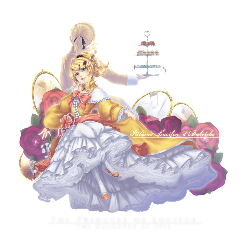 1boy, 3girls, akita_neru, aku_no_musume_(vocaloid), allen_avadonia, aqua_hair, back-to-back, blonde_hair