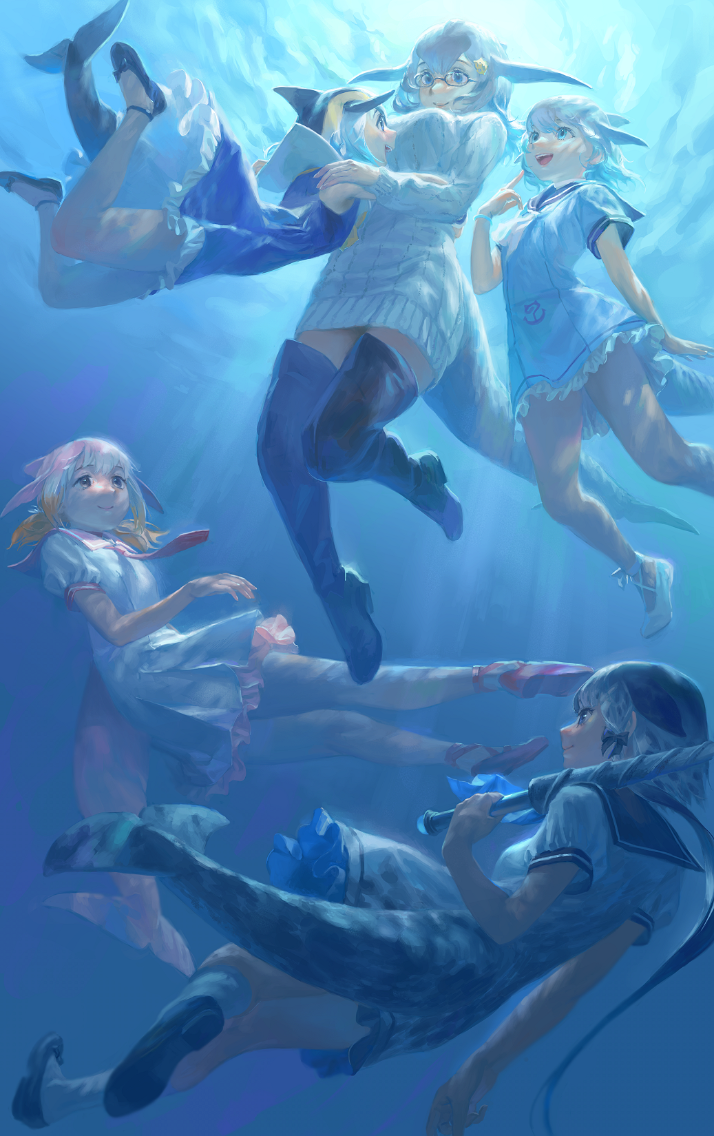 5girls, :d, ankle_lace-up, arm_at_side, armpit_peek, ascot, asymmetrical_hair, backlighting