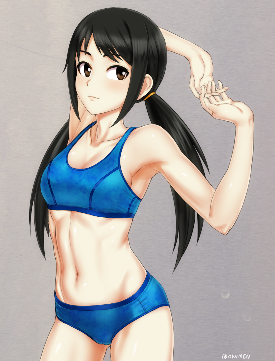1girl, abs, armpits, bare_shoulders, black_hair, breasts, brown_eyes, buruma