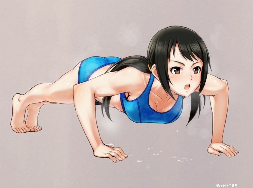 1girl, abs, all_fours, bare_shoulders, barefoot, black_hair, blush, breasts