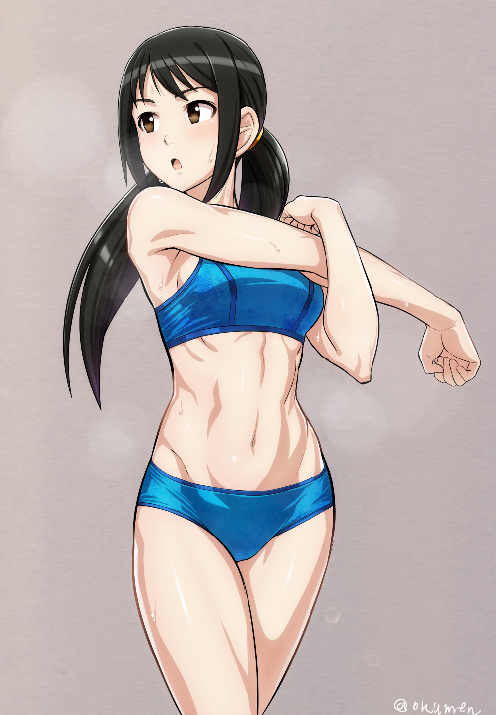 1girl, abs, bare_shoulders, black_hair, breasts, brown_eyes, buruma, collarbone, cowboy_shot, highres, idolmaster, idolmaster_cinderella_girls, long_hair, looking_to_the_side, medium_breasts, nakano_yuka, navel, oku_(okumen), open_mouth, sideboob, solo, sports_bra, standing, stretch, sweat, toned, twintails