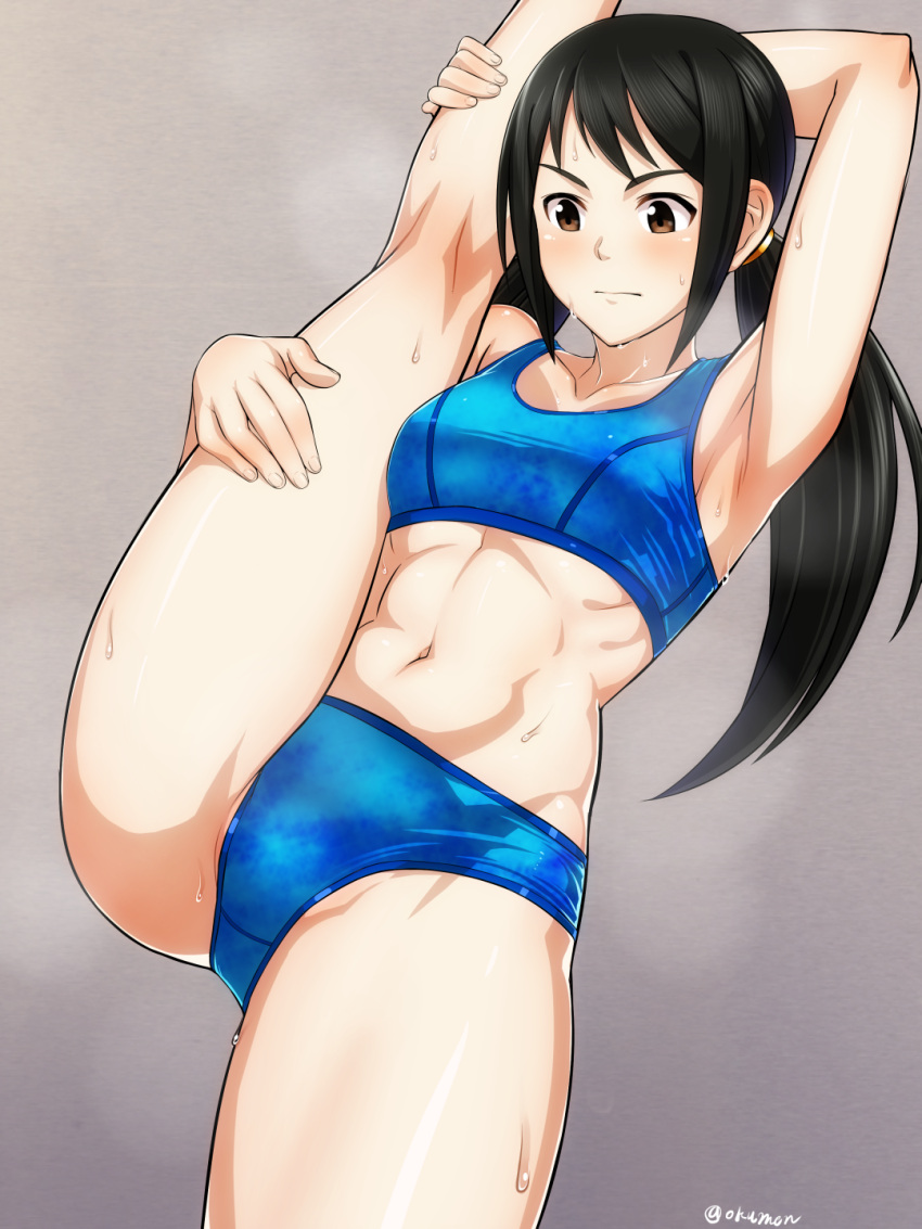 1girl, abs, arm_up, armpits, black_hair, blush, breasts, brown_eyes