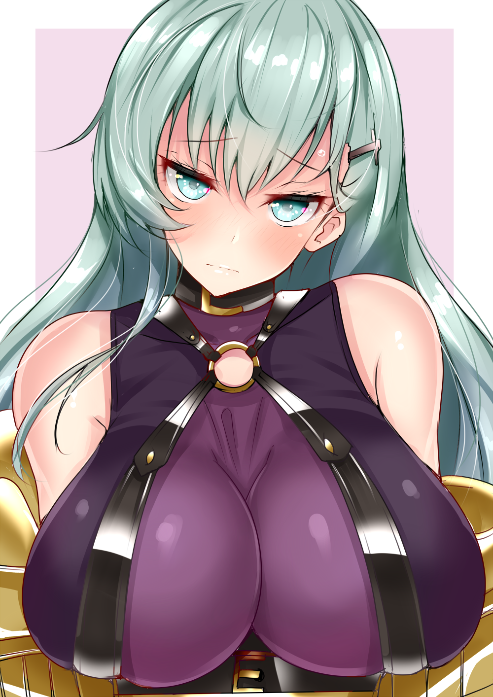 1girl, aqua_eyes, aqua_hair, blush, bodysuit, breasts, claw_(weapon), closed_mouth