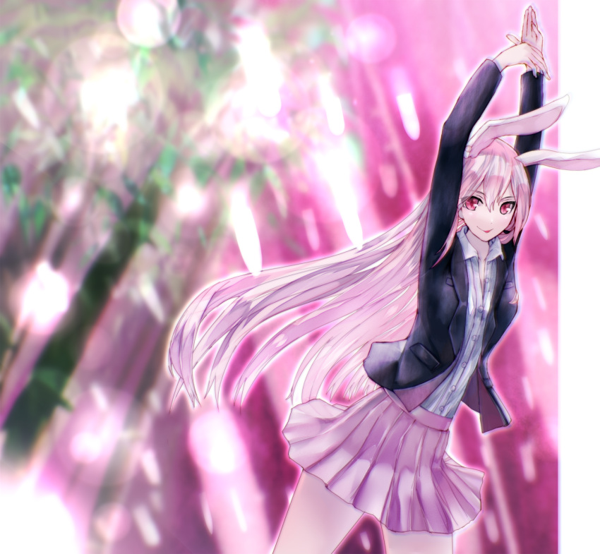 1girl, alternate_eye_color, alternate_hair_color, animal_ears, arms_up, backlighting, bamboo, bangs