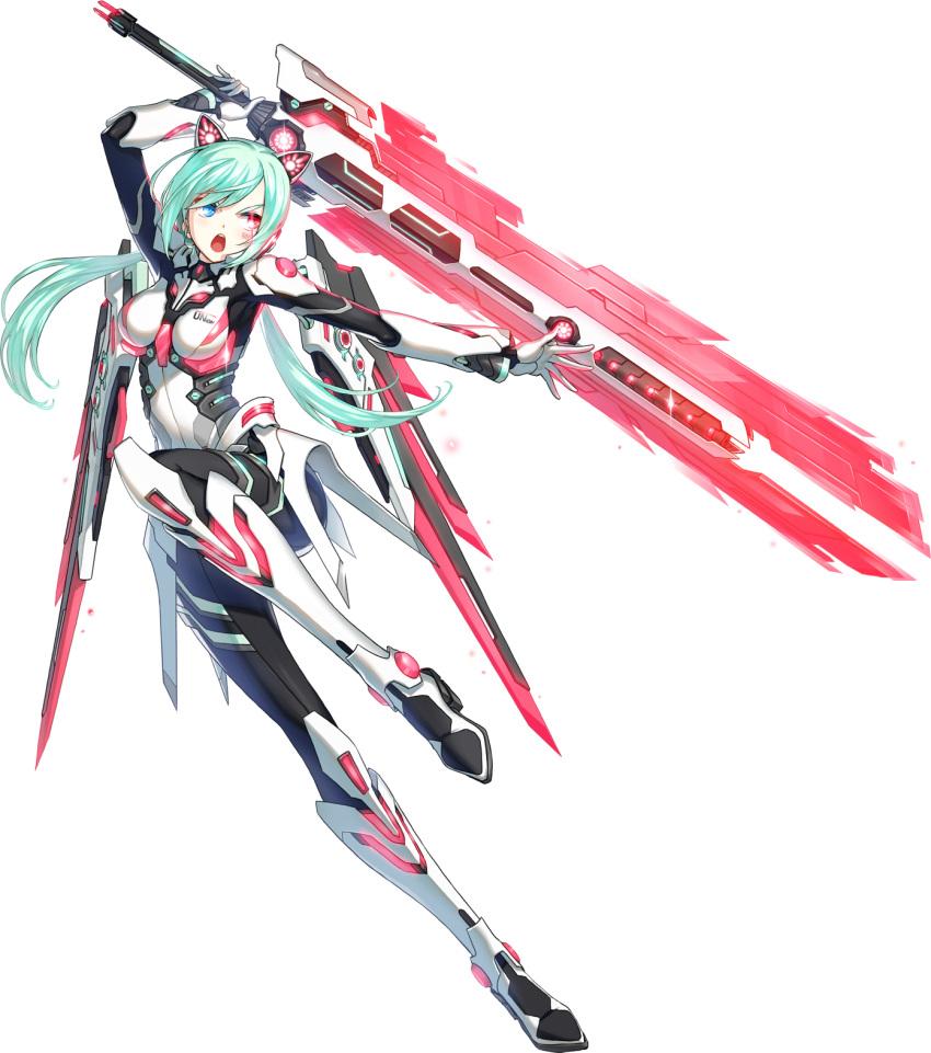 >:o, 1girl, :o, angry, animal_ears, aqua_hair, armor, blue_eyes, bodysuit, closers, fake_animal_ears, full_body, gloves, hand_up, headset, heterochromia, high_heels, highres, holding, holding_sword, holding_weapon, leg_armor, leg_up, long_hair, looking_to_the_side, low_twintails, mecha_musume, mechanical_sword, neon_trim, number_tattoo, official_art, open_mouth, outstretched_hand, red_eyes, shoulder_pads, skin_tight, solo, standing, standing_on_one_leg, sword, tattoo, teeth, transparent_background, twintails, vambraces, violet_(closers), weapon, white_armor