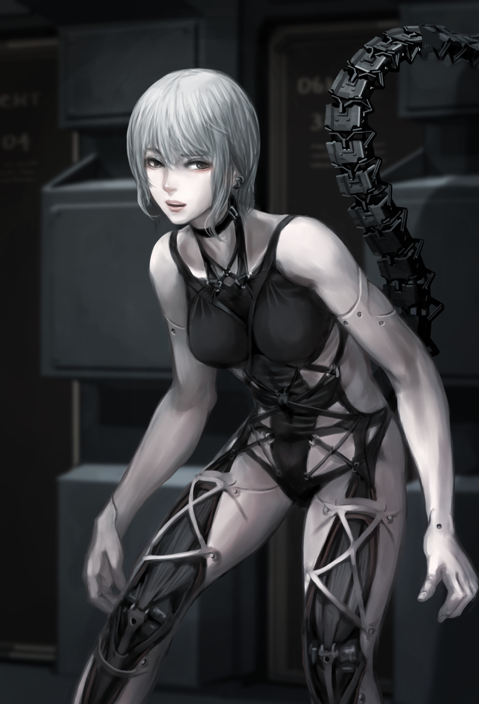 1girl, artificial_skin, brown_eyes, choker, cyborg, earrings, highres, jewelry, jittsu, mecha_musume, original, pale_skin, robotic_parts, short_hair, tail, white_hair