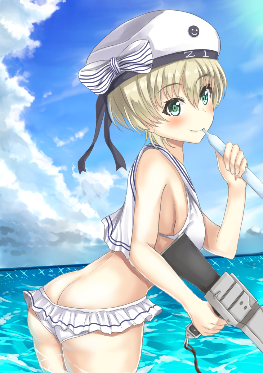 1girl, ass, bikini, butt_crack, clothes_writing, cowboy_shot, day, frilled_bikini, frilled_skirt, frills, green_eyes, gun, hadron9, hat, highres, kantai_collection, ocean, outdoors, sailor_bikini, sailor_collar, sailor_hat, short_hair, silver_hair, skirt, solo, swimsuit, water, weapon, white_bikini, white_hat, z1_leberecht_maass_(kantai_collection)