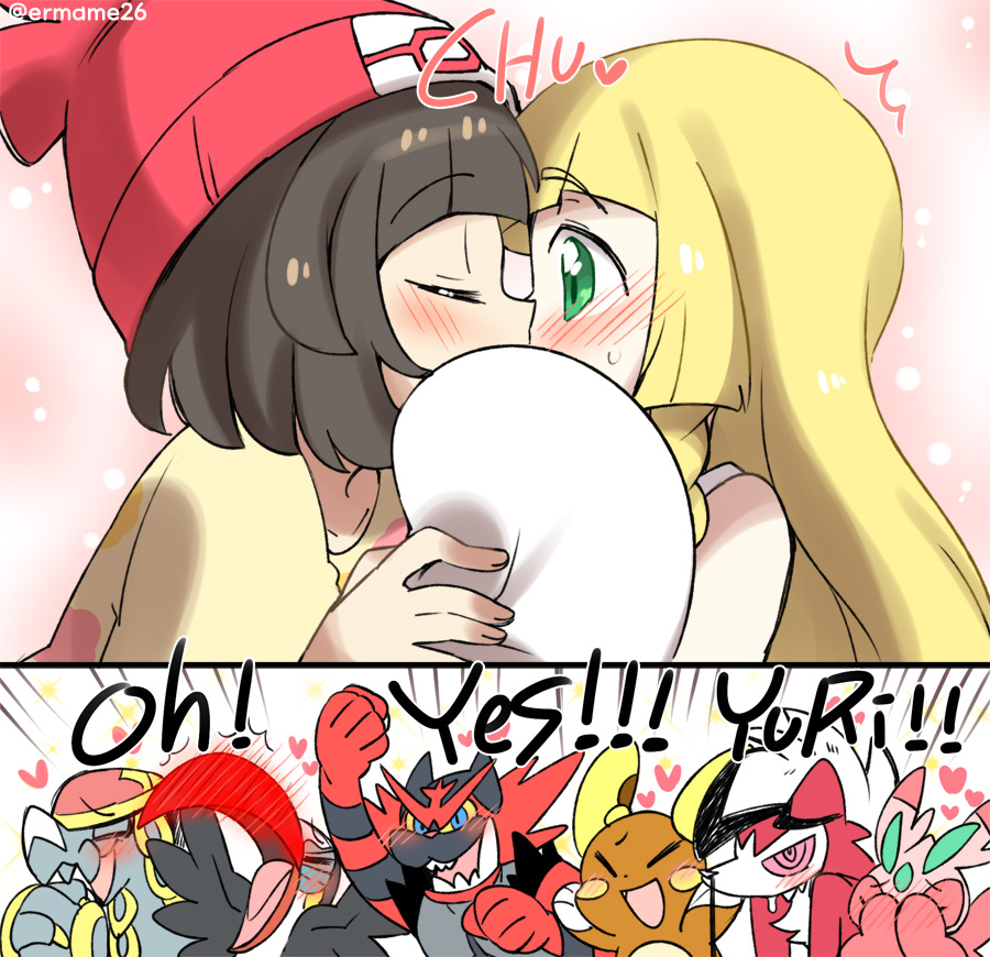 >_<, 2girls, :d, alola_form, alolan_raichu, beanie, blonde_hair, blue_eyes