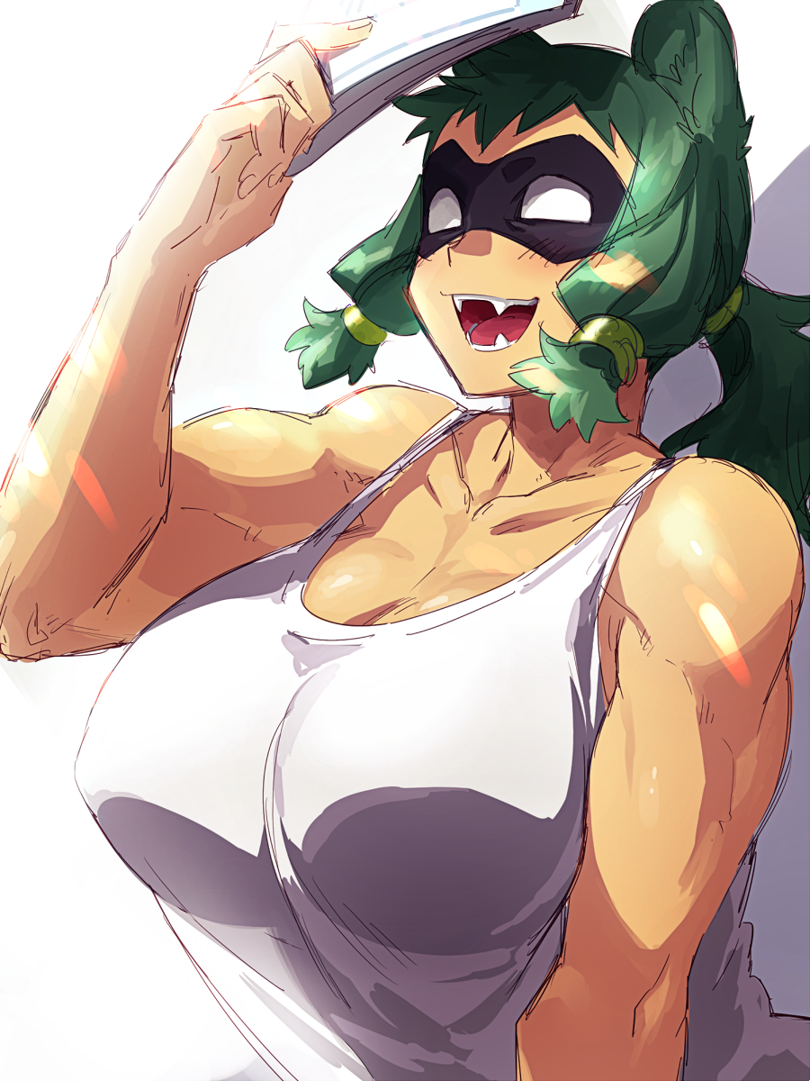 1girl, animal_ears, bangs, bare_shoulders, biceps, blunt_bangs, blush, breasts