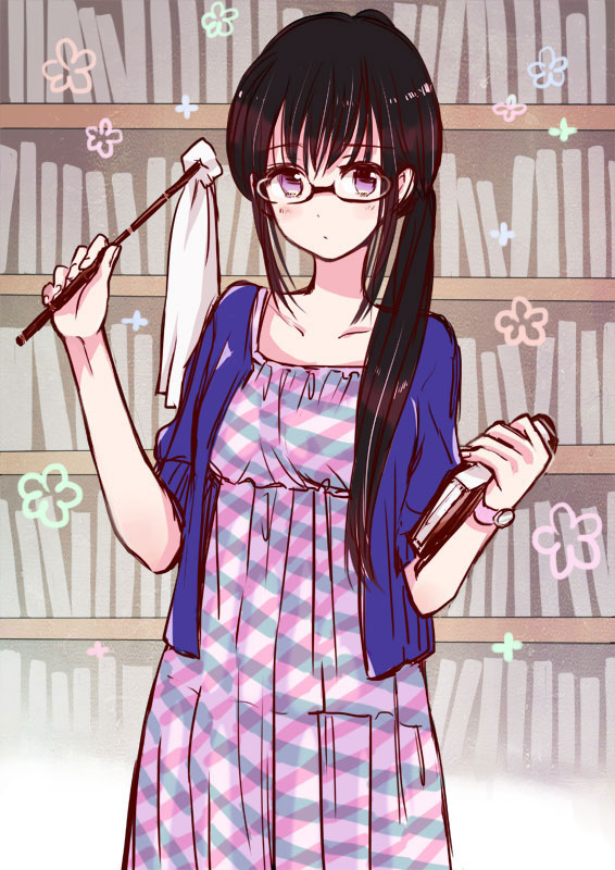 1girl, black_hair, blouse, blue_blouse, blush, book, breasts, collarbone