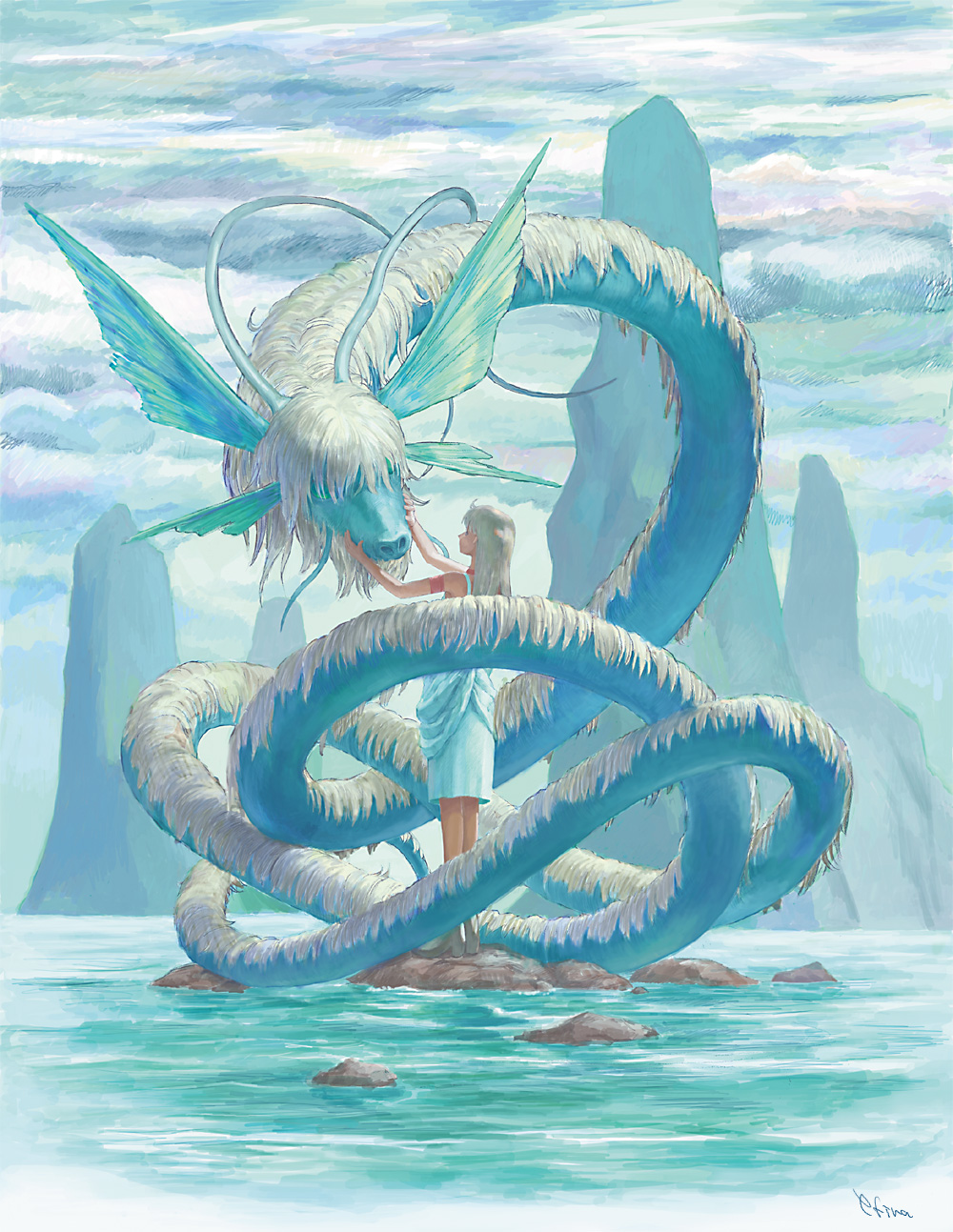 clouds, dragon, efira, fantasy, grey_hair, highres, landscape, mountain