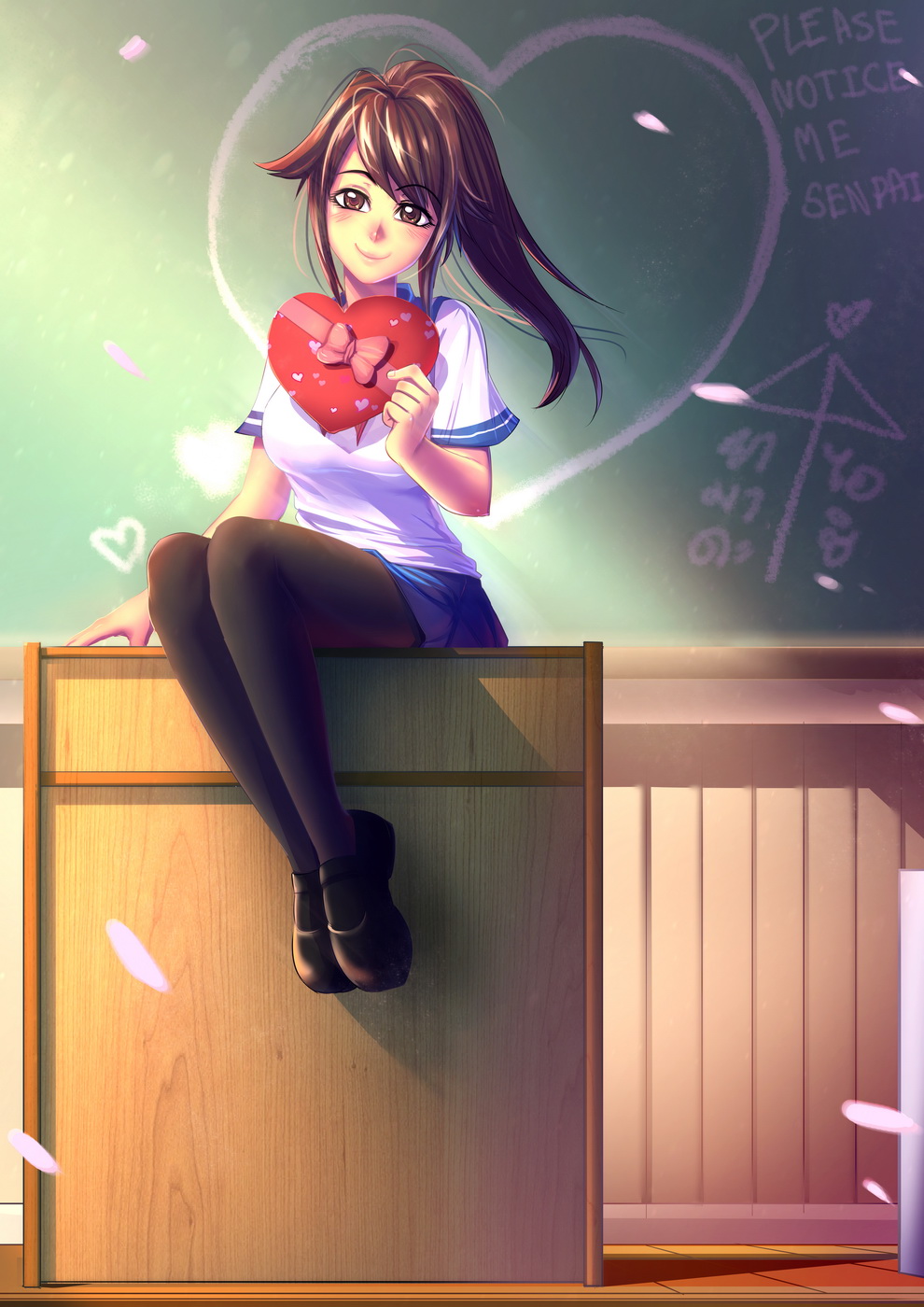 1girl, ai_ai_gasa, bakki, black_hair, black_shoes, brown_eyes, chalkboard, heart