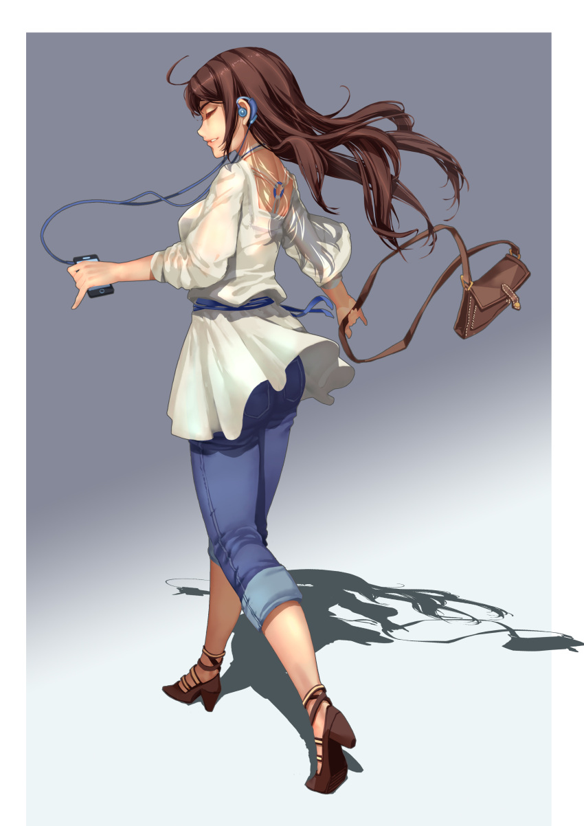 1girl, absurdres, bag, brown_hair, cellphone, closed_eyes, denim, dress
