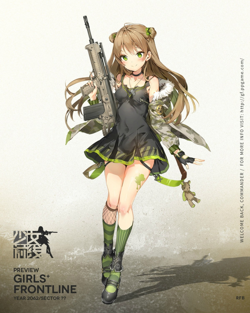 1girl, ankle_cuffs, anmi, assault_rifle, black_dress, black_gloves, blush, bow, breasts, brown_hair, bullpup, choker, dog_tags, double_bun, dress, fingerless_gloves, fur_trim, girls_frontline, glint, gloves, green_eyes, gun, hair_bow, highres, jacket, kel-tec_rfb, long_hair, mary_janes, off_shoulder, rfb_(girls_frontline), rifle, shoes, single_glove, small_breasts, smile, socks, solo, striped, striped_legwear, thigh_strap, trigger_discipline, vertical-striped_legwear, vertical_stripes, weapon