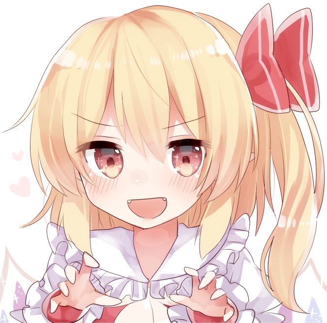 >:d, 1girl, :d, blonde_hair, blush, bow, brown_eyes, coda_(ankoprpr3700), fangs, flandre_scarlet, frilled_shirt_collar, frills, groping_motion, hair_bow, looking_at_viewer, no_hat, no_headwear, open_mouth, pointy_ears, red_bow, side_ponytail, smile, solo, touhou, upper_body