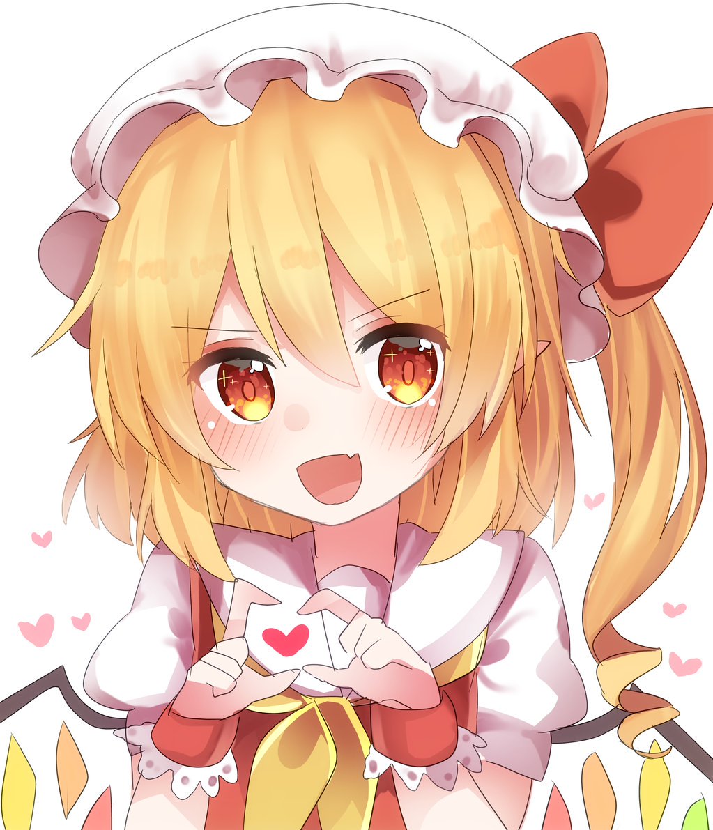 >:d, 1girl, :d, blonde_hair, blush, bow, coda_(ankoprpr3700), crystal, fang, flandre_scarlet, hair_between_eyes, hat, hat_bow, heart, looking_at_viewer, mob_cap, neckerchief, open_mouth, orange_eyes, puffy_short_sleeves, puffy_sleeves, red_bow, red_vest, shirt, short_sleeves, side_ponytail, smile, solo, touhou, upper_body, vest, white_shirt, wings, wrist_cuffs
