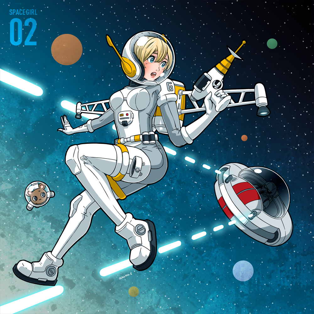 1girl, azusa_tanaka, bear, blonde_hair, blue_eyes, energy_gun, helmet, mask