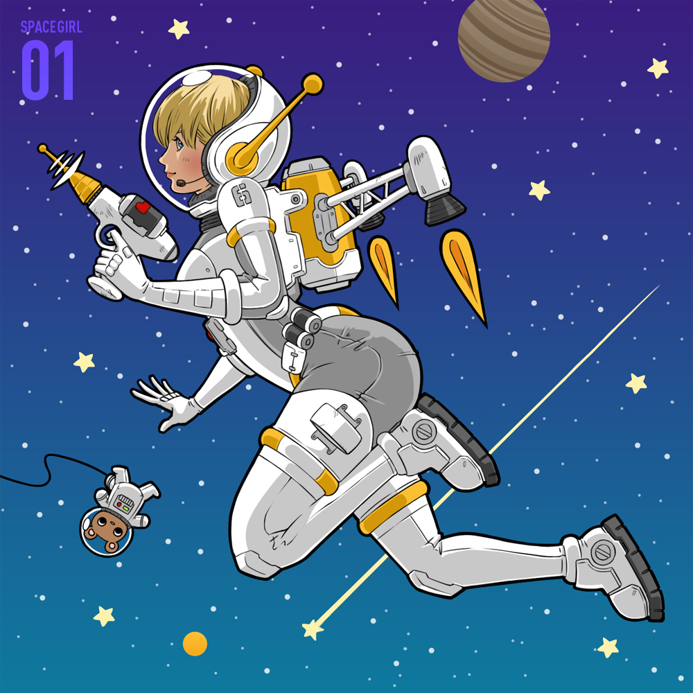 1girl, azusa_tanaka, bear, blonde_hair, blue_eyes, original, shooting_star, space