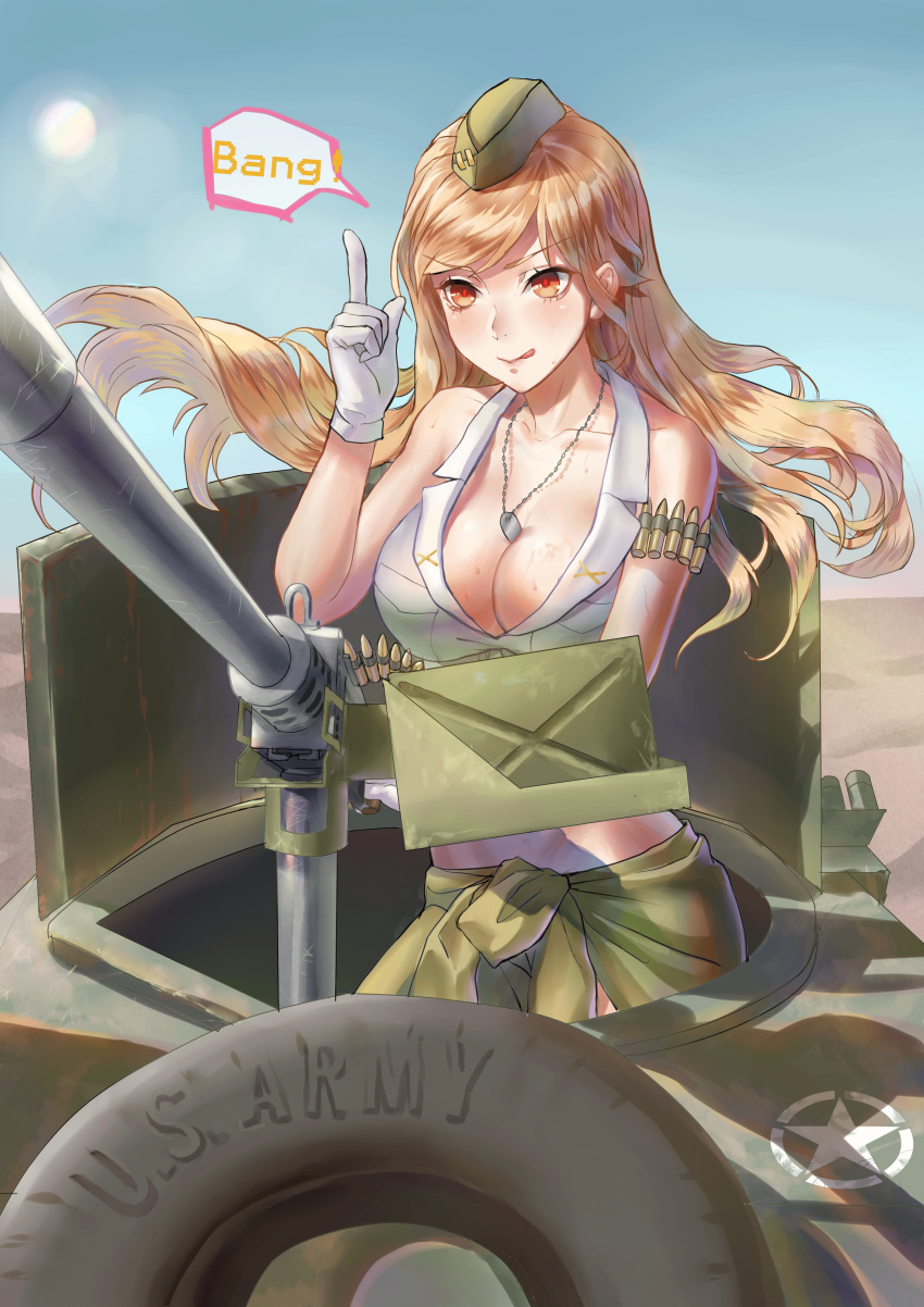 1girl, absurdres, ammunition_belt, armlet, bang, between_breasts, blacksonata5, blonde_hair