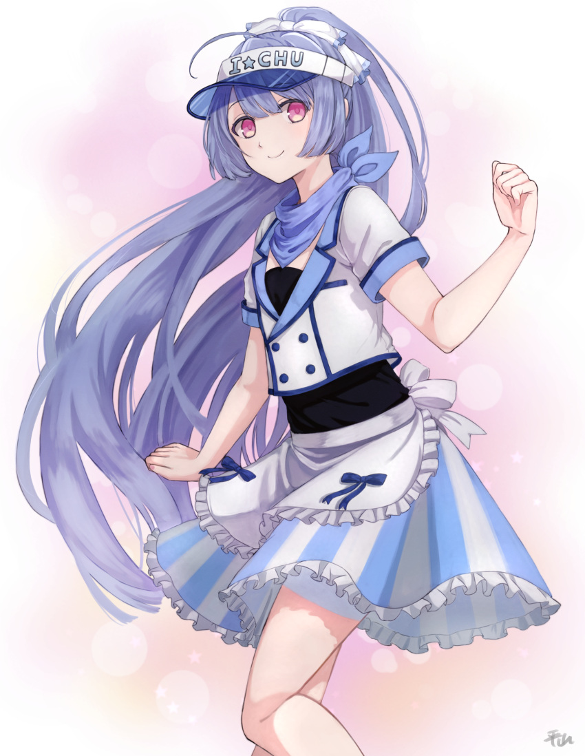 apron, blue_hair, blush, crossdressinging, highres, i-chu, kagurazaka_runa, long_hair