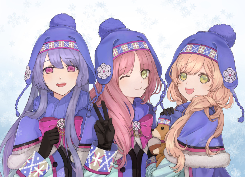 3boys, black_gloves, blue_hair, brown_hair, crossdressinging, gloves, green_eyes, hanabusa_kokoro, hat, hirayama_ityu, i-chu, kagurazaka_runa, long_hair, male_focus, multiple_boys, oikawa_momosuke, one_eye_closed, smile, stuffed_squirrel, trap, v, violet_eyes