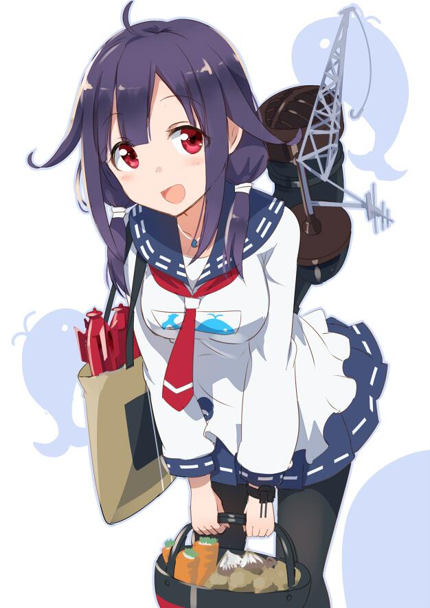 1girl, :d, ahoge, animal_print, bag, bangs, basket, black_legwear