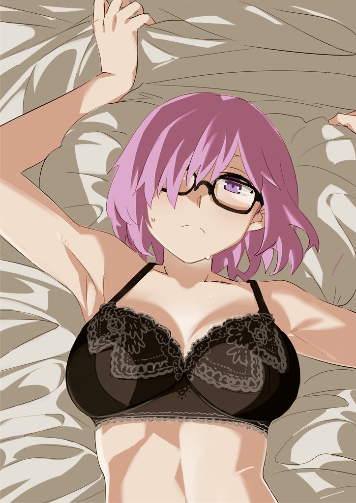 1girl, arm, arm_up, armpits, bare_arms, bare_shoulders, bed, black-framed_eyewear