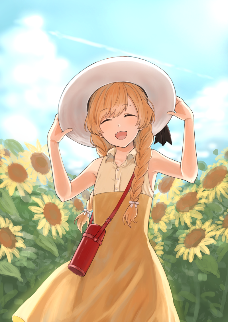 1boy, blonde_hair, braid, closed_eyes, crossdressinging, dress, fangs, flower
