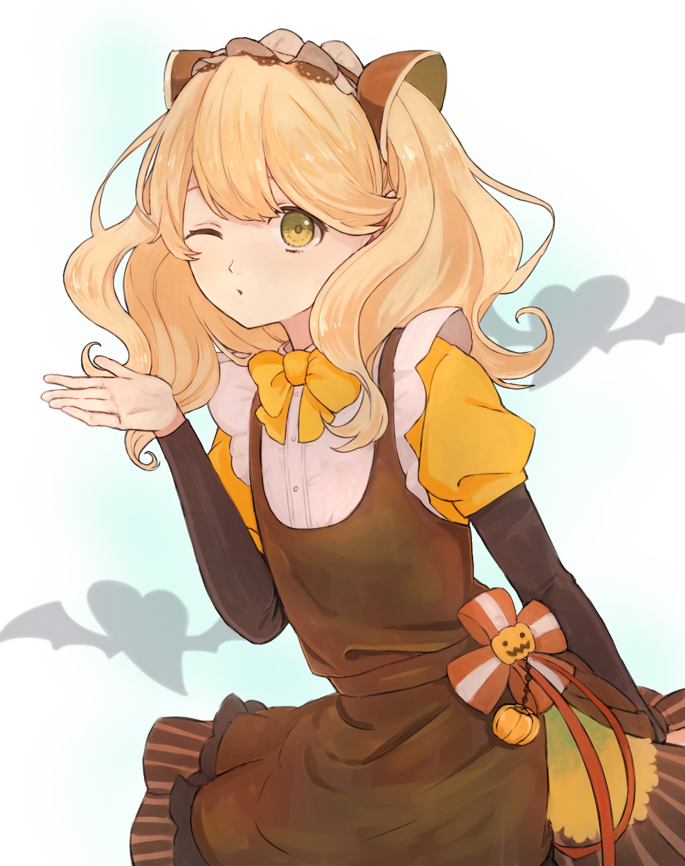 1boy, blown_kiss, crossdressinging, dress, green_eyes, hair_ribbon, highres, hirayama_ityu