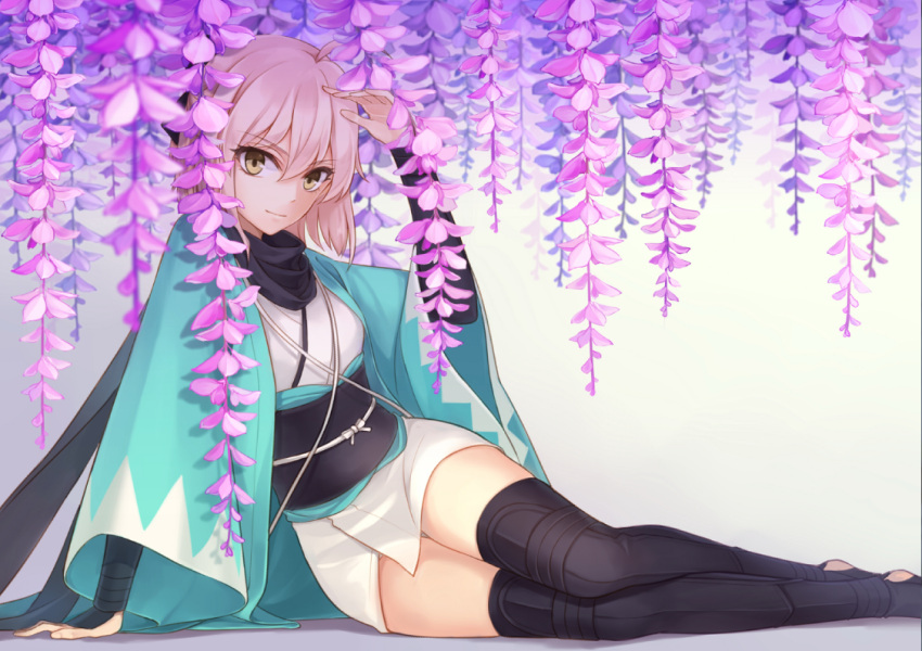 >:), 1girl, ahoge, arm_guards, arm_support, arm_up, black_boots, black_ribbon