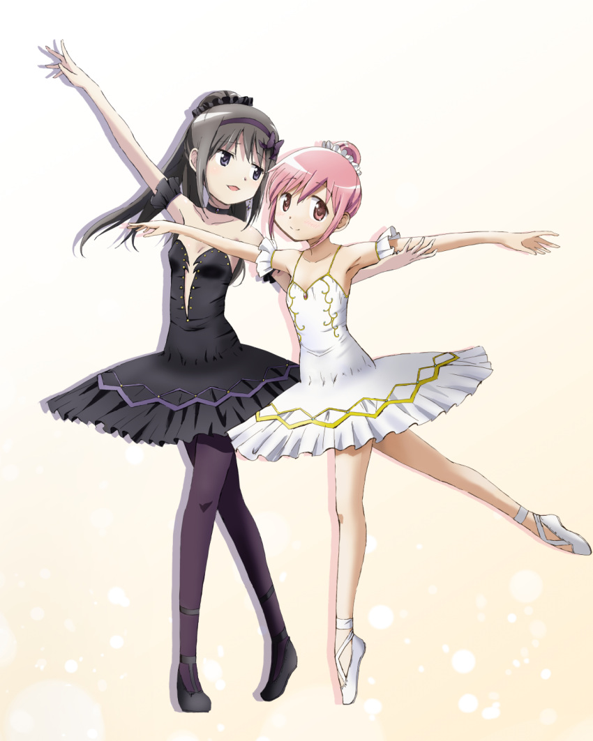 2girls, akemi_homura, armlet, armpits, ballerina, ballet, ballet_slippers, black_hair