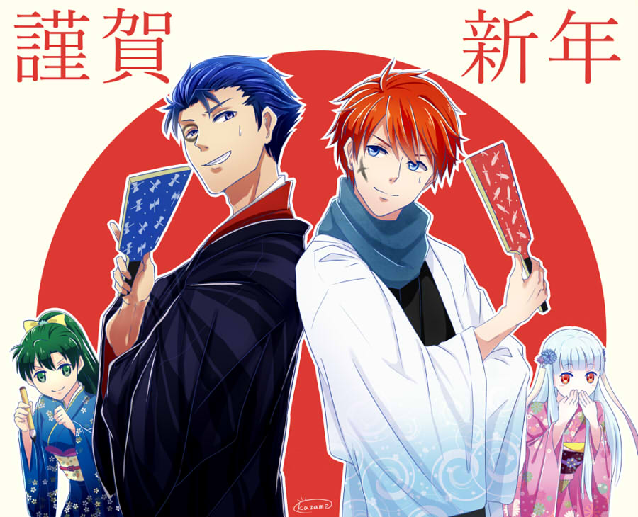 2boys, 2girls, alternate_costume, artist_name, back-to-back, blue_eyes, blue_hair, bow