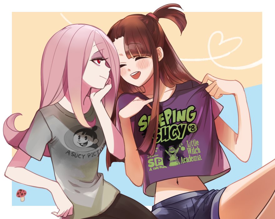 2girls, belly_button, blush, brown_hair, denim, denim_shorts, dexter's_laboratory, english