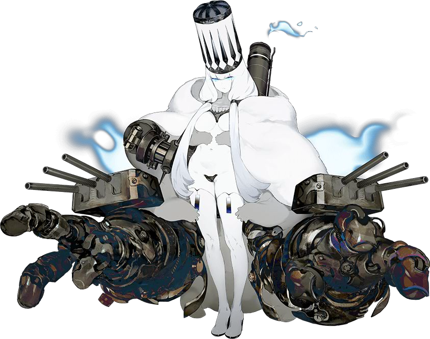 1girl, akira_(kadokawa), boots, capelet, fire, flame, hat, kantai_collection, long_hair, machinery, mechanical_arms, northern_water_hime, official_art, shinkaisei-kan, turret, white_hair, white_skin