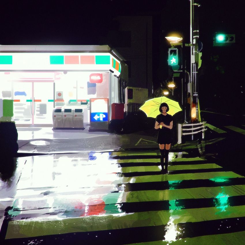1girl, black_dress, black_hair, closed_eyes, crosswalk, dress, ilya_kuvshinov, night