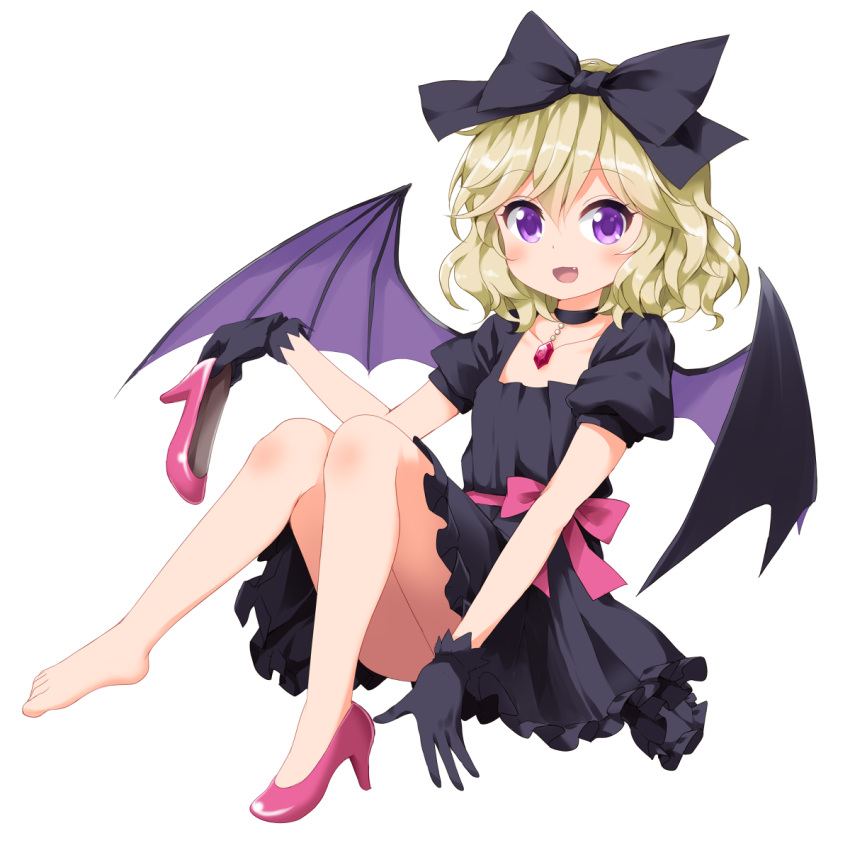 1girl, :d, bare_legs, barefoot, bat_wings, belt, black_bow, black_choker