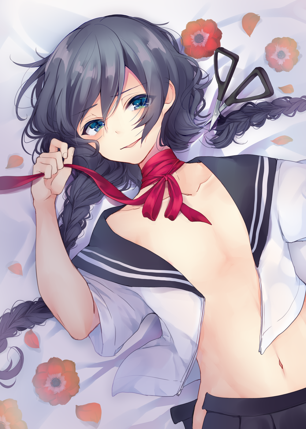 1boy, bangs, black_hair, black_skirt, blue_eyes, blush, braid, collarbone, crossdressinging, eyebrows_visible_through_hair, hair, highres, irone_(miyamiya38), light_smile, long_hair, looking_at_viewer, lying, male_focus, neck_ribbon, on_back, open_clothes, open_shirt, original, parted_lips, pleated_skirt, purple_ribbon, ribbon, school_uniform, scissors, serafuku, shirt, short_sleeves, skirt, solo, trap, twin_braids, upper_body