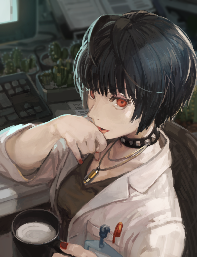 1girl, black_hair, burari, cactus, choker, coffee_mug, commentary_request, computer_keyboard